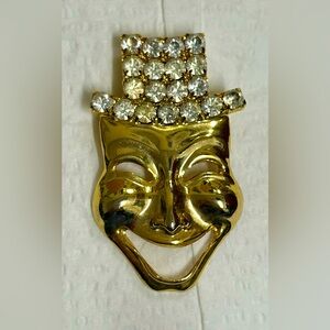Goldtone Clown Mime Brooch With Rhinestone Hat